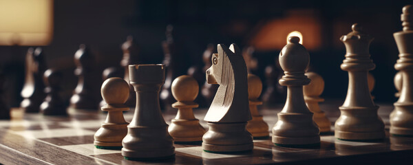 Chess pieces arranged on the chessboard - obrazy, fototapety, plakaty