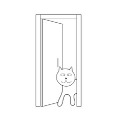 Black and white drawing: cat home enters the room from behind the  door