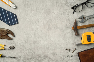 Top view design concept of Father's day with working tools on blue background.