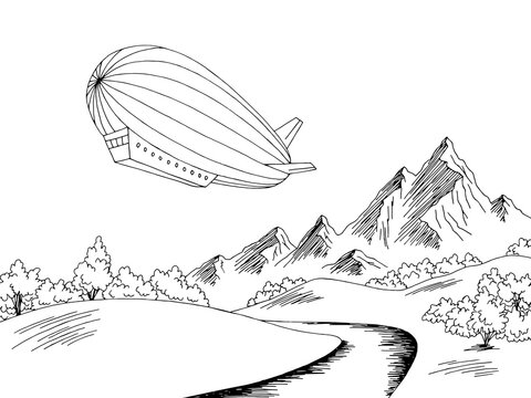 Airship travel mountain river graphic black white landscape sketch illustration vector