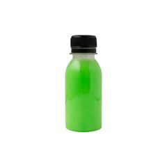 Green liquid in a bottle isolated on white background.