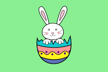 Happy Easter Day illustration . Easter eggs and rabbit sit in cracked egg shell with empty space on green background. Cartoon style .