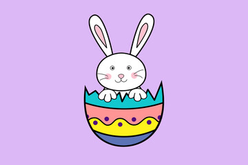 Happy Easter Day illustration . Easter eggs and rabbit sit in cracked egg shell with empty space on purple background. Cartoon style .