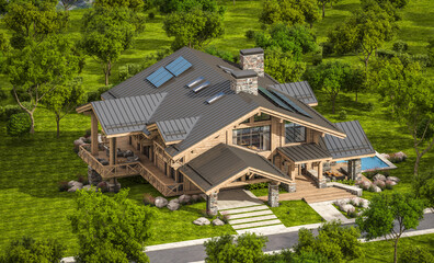 3d rendering of modern cozy chalet with pool and parking for sale or rent. Beautiful forest mountains on background. Massive timber beams columns. Clear sunny summer day with cloudless sky.