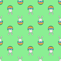 Happy Easter seamless pattern with rabbit in egg shell on green background illustration. Cute cartoon character.
