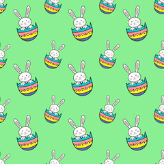 Happy Easter seamless pattern with rabbit in egg shell on green background illustration. Cute cartoon character.