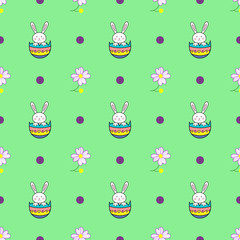 Happy Easter seamless pattern with rabbit in egg and flower shell on green background illustration. Cute cartoon character.