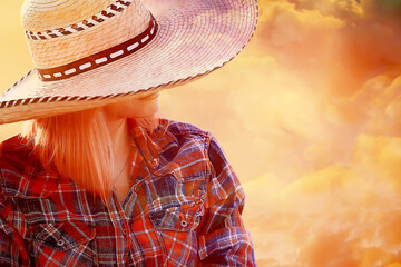 sexy cowboy girl in hat, country style summer american west