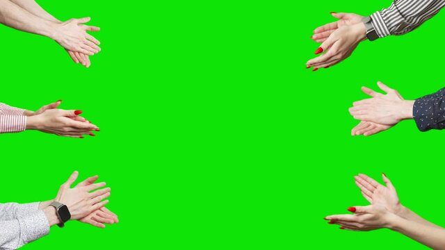 Hands are clapping at green screen background. A hands are applauding at chroma key background. Concept of victory and award. Copy text space