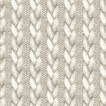 White realistic knitted seamless pattern. Watercolor hand paint cozy warm knit texture