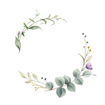 Watercolor vector wreath of green eucalyptus branches and flowers.