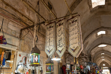 Counters with souvenirs in the market near the Cotton Gate from the Temple Mount, in the old city...