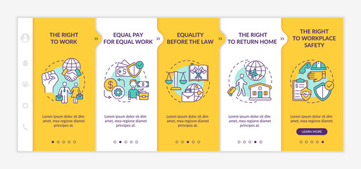 Naklejka premium Immigrant worker rights onboarding vector template. Responsive mobile website with icons. Web page walkthrough 5 step screens. Legal labor abroad color concept with linear illustrations