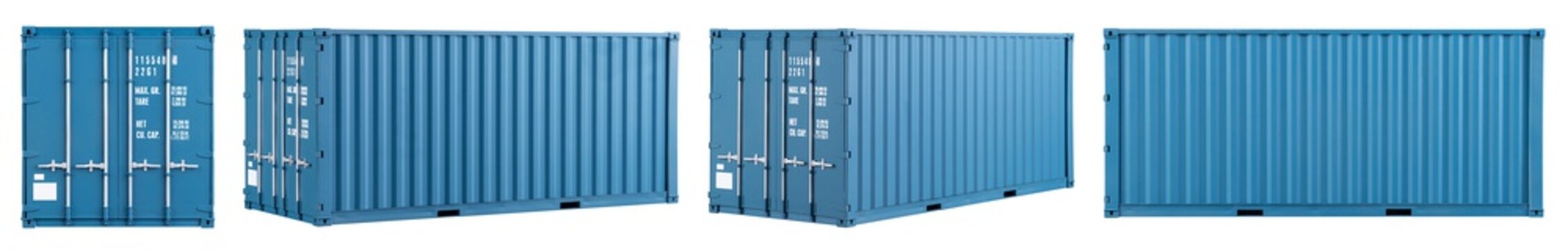 set collection of blue shipping cargo container in various different angles isolated white background. transportation ship delivery logistics and freight concept.