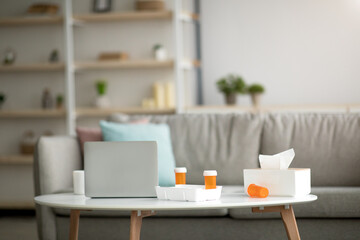 Fototapeta premium Self-treatment during illness, technology and remote work at home