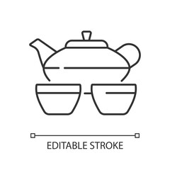 Chinese tea set linear icon. Kitchen utensils. Serving hot drink. Traditional chinese ceremony. Thin line customizable illustration. Contour symbol. Vector isolated outline drawing. Editable stroke