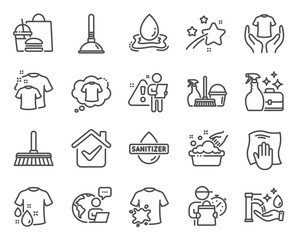 Cleaning icons set. Included icon as Washing cloth, Dirty t-shirt, Cleanser spray signs. Washing hands, Cleaning mop, Wash t-shirt symbols. Household service, Hand sanitizer, Plunger. Vector