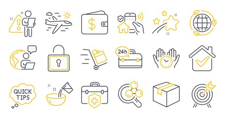 Set of Business icons, such as Cooking water, Parcel, House security symbols. Chemistry lab, Medical insurance, Push cart signs. Archery, Lock, Dollar wallet. Eco energy, Safe time. Vector