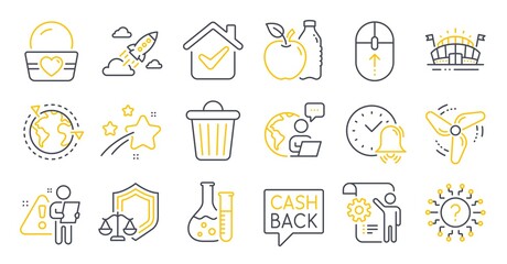 Set of Business icons, such as Justice scales, Chemistry lab, Money transfer symbols. Startup rocket, Apple, Outsourcing signs. Wind energy, Sports arena, Settings blueprint. Alarm bell. Vector