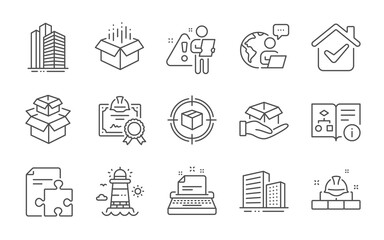 Construction bricks, Technical algorithm and Hold box line icons set. Parcel tracking, Buildings and Open box signs. Skyscraper buildings, Packing boxes and Strategy symbols. Line icons set. Vector