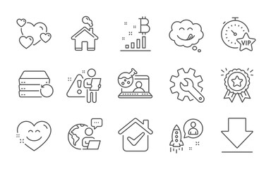 Vip timer, Startup and Online chemistry line icons set. Loyalty award, Smile chat and Heart signs. Yummy smile, Downloading and Bitcoin graph symbols. Recovery server, Home and Customisation. Vector