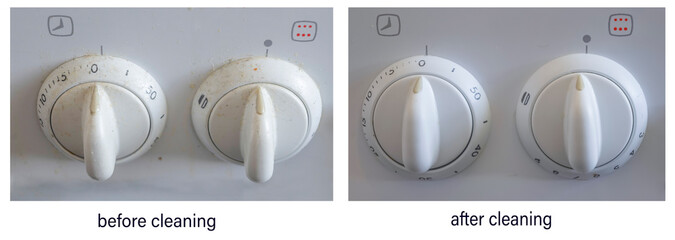 A collage of photos before and after cleaning dirty valves on a white gas kitchen stove. An example of successful operation of cleaning chemicals