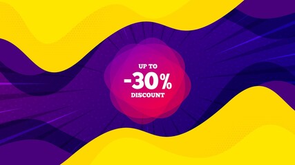 Up to 30 percent discount off banner. Fluid liquid background with offer message. Sale sticker shape. Coupon label icon. Best advertising coupon banner. Sale 30 badge shape. Vector