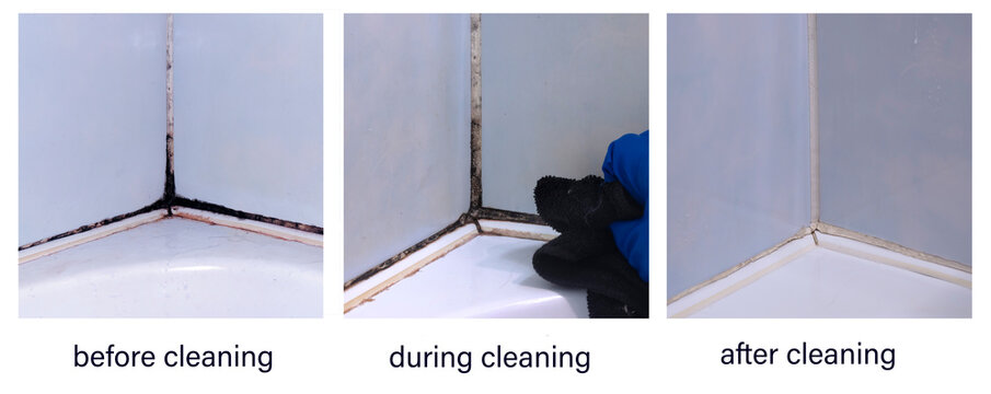 A collage of photos before, during, and after cleaning the black toxic mold in the inter-tile seams in the corner of the bathroom. An example of successful operation of cleaning chemicals