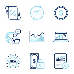 Finance icons set. Included icon as Update data, Infochart, Checked calculation signs. Graph laptop, New star, Loan percent symbols. Private payment, Dollar target line icons. Line icons set. Vector