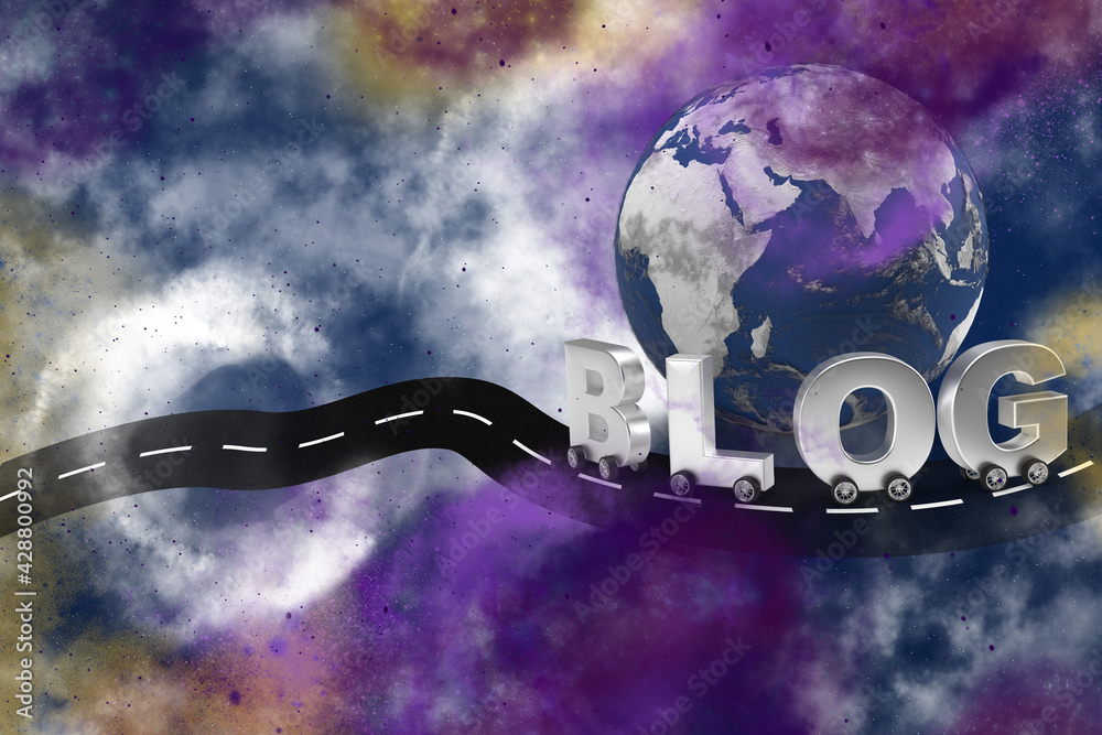 Wall mural word blog on wheels as a car around the world map on cosmos background.