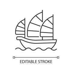 Junk ship linear icon. Sailing on traditional boat in Hong Kong. Asian culture, eastern history. Thin line customizable illustration. Contour symbol. Vector isolated outline drawing. Editable stroke