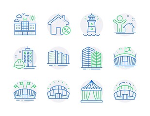 Buildings icons set. Included icon as New house, Lighthouse, Arena signs. Buildings, Sports arena, Skyscraper buildings symbols. Sports stadium, Loan house, Construction building. Hotel. Vector