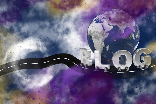 Word blog on wheels as a car around the world map on cosmos background.