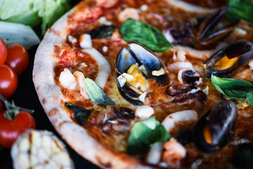 delicious italian pizza with fresh seafood
