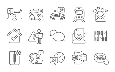 Train, 24h service and Love mail line icons set. Online shopping, Refrigerator and Parking place signs. House security, Augmented reality and Messenger symbols. Line icons set. Vector