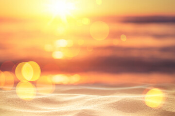 Copy space of soft sand sea and blur tropical beach with sunset sky and cloud abstract background.