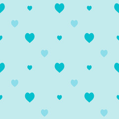 Seamless pattern with blue hearts on light blue background. Vector image.