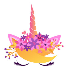 Face of a unicorn with closed eyes and a wreath of flowers. Vector illustration isolated on white background.