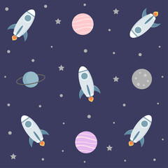 Fototapeta premium Seamless pattern with rocket and planets. Vector illustration.