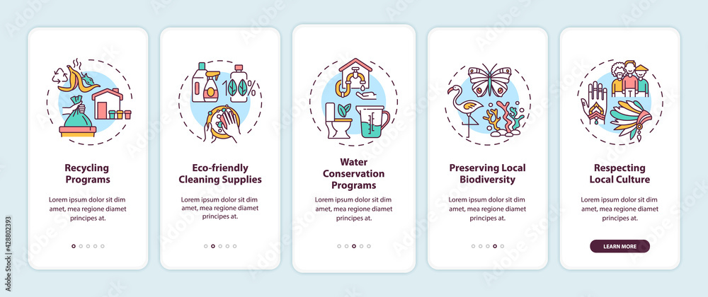 Wall mural green hotel features onboarding mobile app page screen with concepts. recycling programs walkthrough