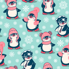 Seamless pattern with cute penguins