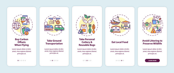 Sustainable tour tips onboarding mobile app page screen with concepts. Carbon offsets when flying walkthrough 5 steps graphic instructions. UI, UX, GUI vector template with linear color illustrations