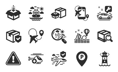 Lighthouse, Flight insurance and Ship travel icons simple set. Packing boxes, Search package and Parcel insurance signs. Airplane, Get box and Search flight symbols. Flat icons set. Vector