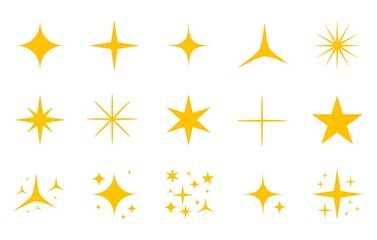 Yellow, gold sparkles icons set isolated on white background. Bright firework, decoration twinkle, shiny flash. Glowing light effect stars and bursts collection. Vector illustration