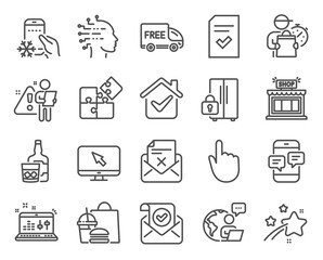 Fototapeta na wymiar Business icons set. Included icon as Free delivery, Refrigerator app, Refrigerator signs. Phone messages, Sound check, Internet symbols. Shop, Artificial intelligence, Checked file. Puzzle. Vector