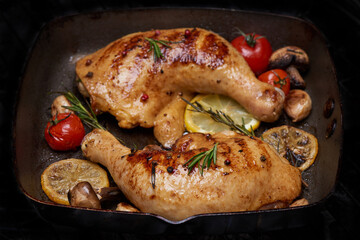 Grilled chicken Leg on the grill pan. appetizing grilled juicy chicken with golden brown crust served with tomato, lemon slices, mushroom, and rosemary. Selective focus. Healthy meal concept.