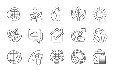 Sun, Organic tested and Weather forecast line icons set. World water, Environment day and Coconut signs. Eco organic, Bio shopping and Plants watering symbols. Line icons set. Vector