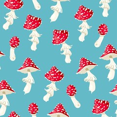 Fly agaric red mushrooms vector seamless pattern