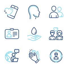 People icons set. Included icon as Users, Clapping hands, Head signs. Water care, Couple love, Headhunting symbols. Heart, Id card line icons. Couple of people, Clap. Line icons set. Vector