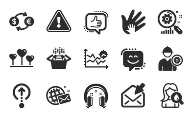 Love heart, Like and Currency exchange icons simple set. Open mail, Search statistics and Packing boxes signs. Smile face, World mail and Swipe up symbols. Flat icons set. Vector